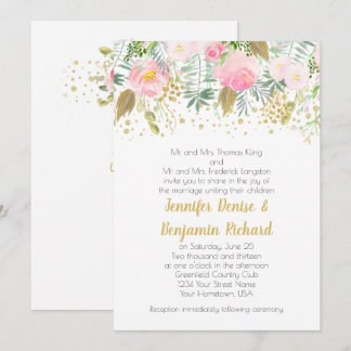 Watercolor Blush Pink Gold Greenery Roses Wedding Invitation