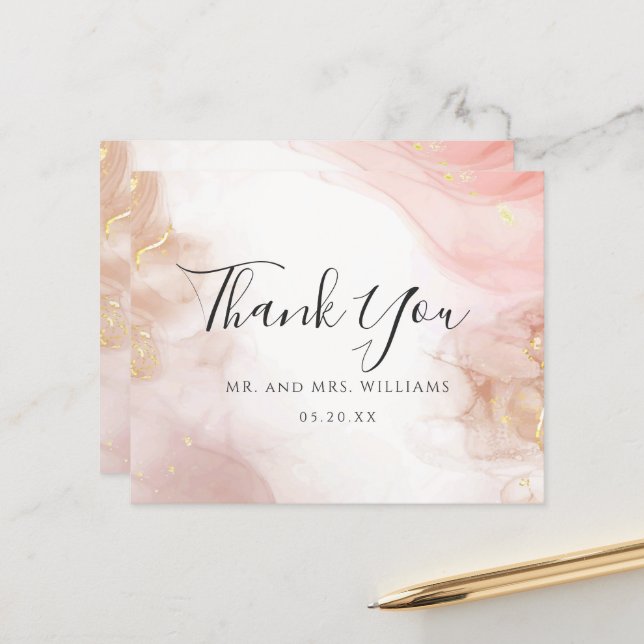 Watercolor Blush Pink Gold Ink Thank You Card (Front/Back In Situ)