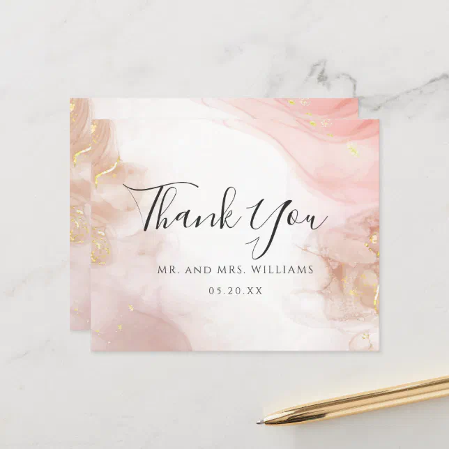 Watercolor Blush Pink Gold Ink Thank You Card | Zazzle