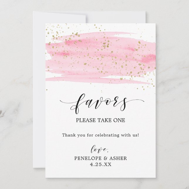 Watercolor Blush Pink & Gold Sparkles Favors Sign (Front)
