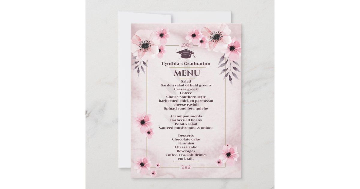 Watercolor Blush Pink Graduation Dinner Menu Invitation | Zazzle