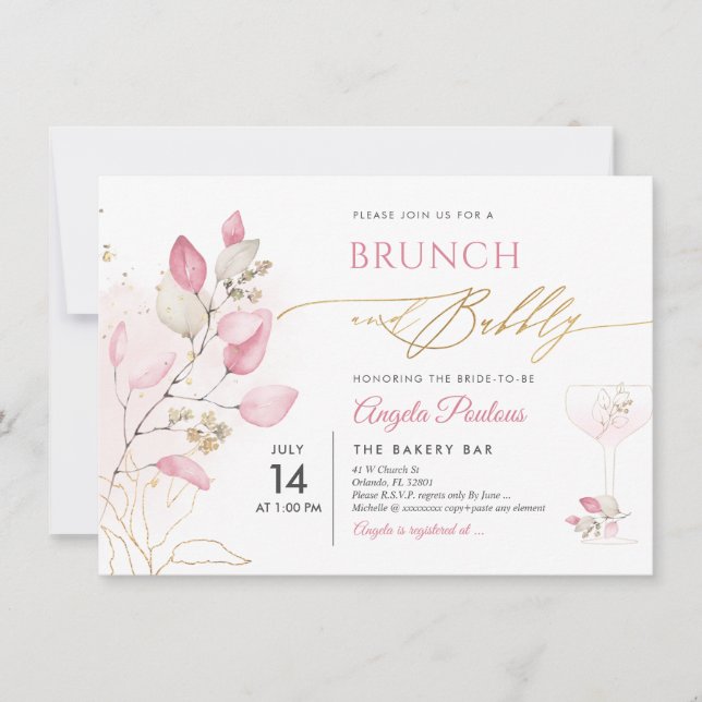Watercolor Blush Pink Gum Eucalyptus Brunch Bubbly Invitation (Front)