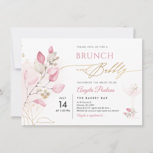 Watercolor Blush Pink Gum Eucalyptus Brunch Bubbly Invitation