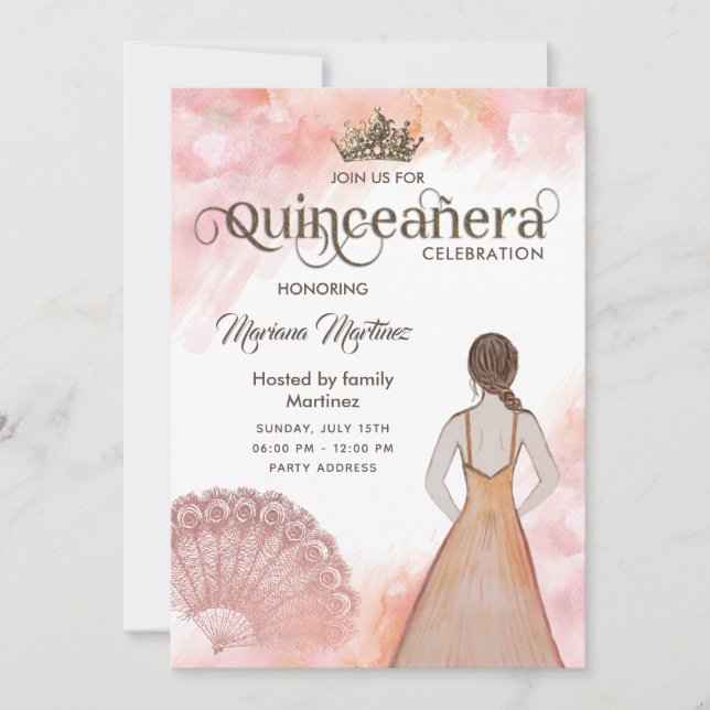 Watercolor blush pink hand fan  tiara Quince  Invitation (Front)
