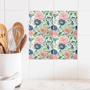 Watercolor Blush Pink Indigo Blue Floral Pattern Ceramic Tile
