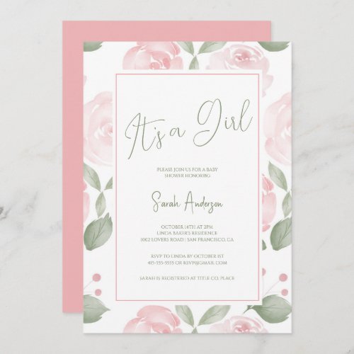 Watercolor Blush Pink Its A Girl Baby Shower  Invitation
