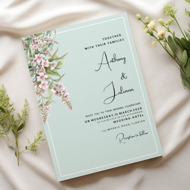 Watercolor blush pink mint floral Wedding Invitation (Watercolor blush pink mint floral Wedding)