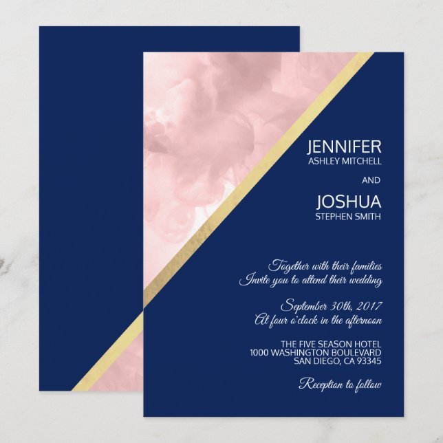 Watercolor Blush Pink Navy Blue Gold Foil Wedding Invitation (Front/Back)