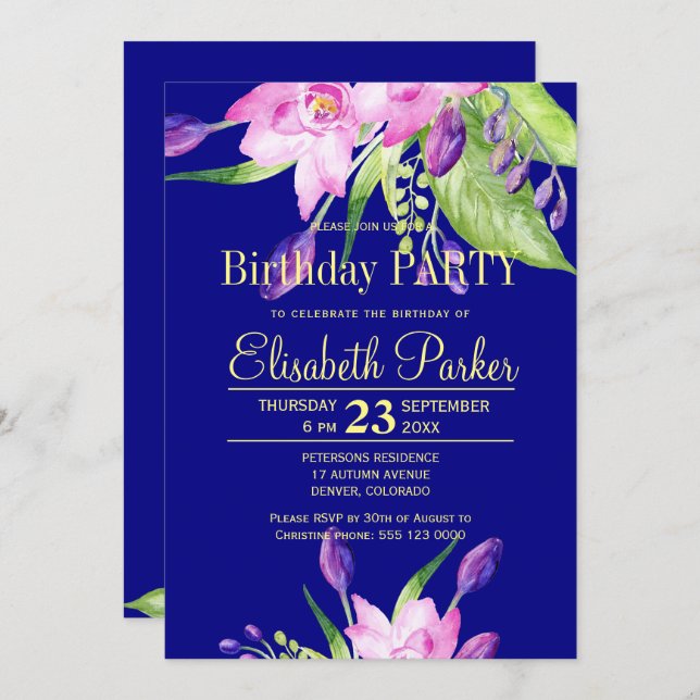 Watercolor blush pink navy floral birthday party invitation (Front/Back)