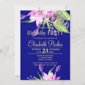 Watercolor blush pink navy floral birthday party invitation (Front)