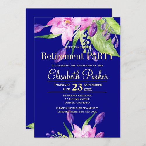Watercolor blush pink navy floral retirement party invitation