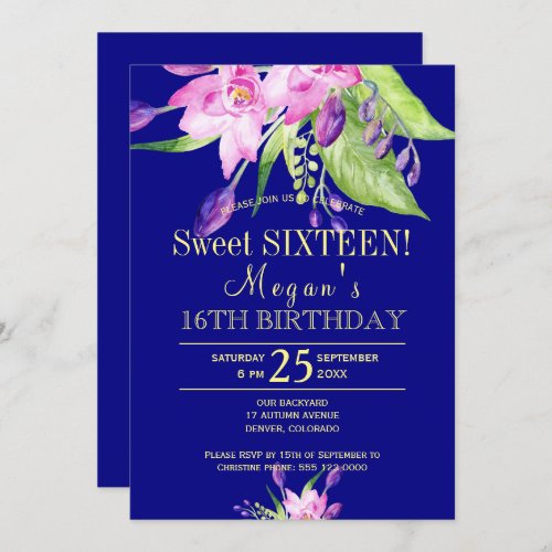 Watercolor blush pink navy floral sweet sixteen invitation