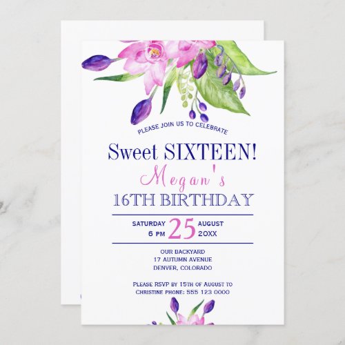 Watercolor blush pink navy floral sweet sixteen invitation