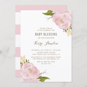 Watercolor Blush Pink Peonies Baby Girl Blessing Invitation