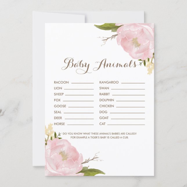 Watercolor Blush Pink Peonies Baby Shower Game (Front)