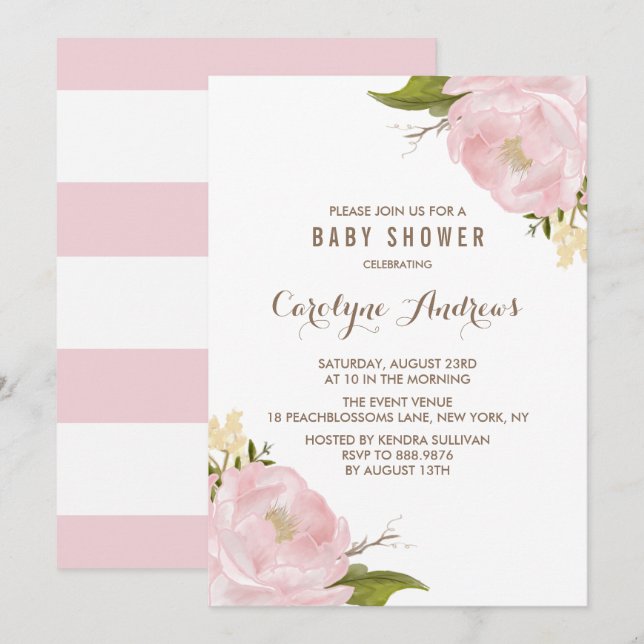 Watercolor Blush Pink Peonies Baby Shower Invite (Front/Back)