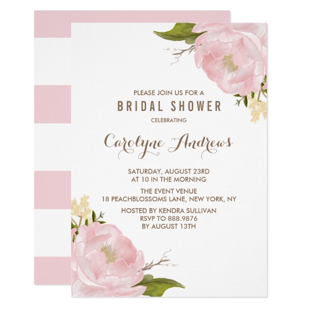 Watercolor Blush Pink Peonies Bridal Shower Invitation