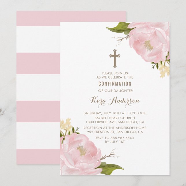 Watercolor Blush Pink Peonies Confirmation Invitation (Front/Back)