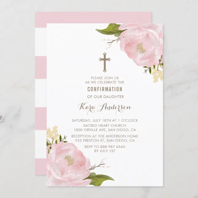 Watercolor Blush Pink Peonies Confirmation Invitation | Zazzle