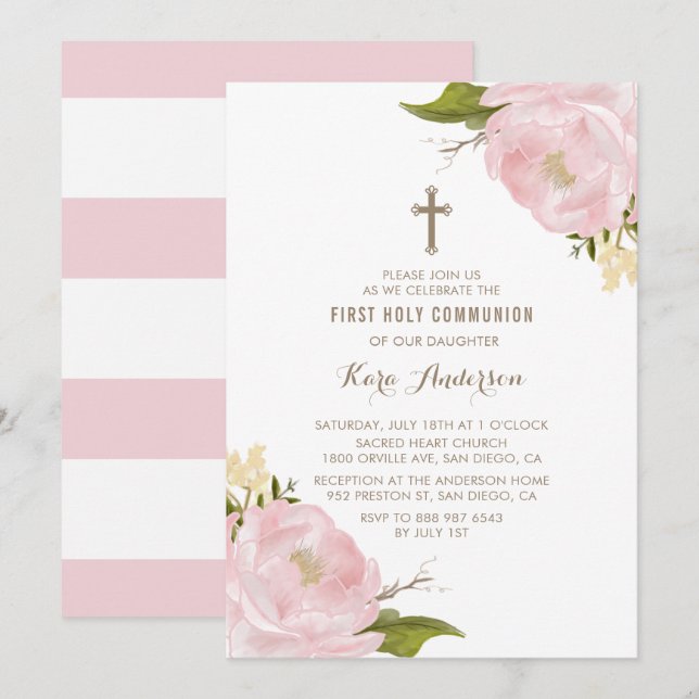 Watercolor Blush Pink Peonies First Holy Communion Invitation (Front/Back)