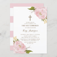 Watercolor Blush Pink Peonies First Holy Communion Invitation
