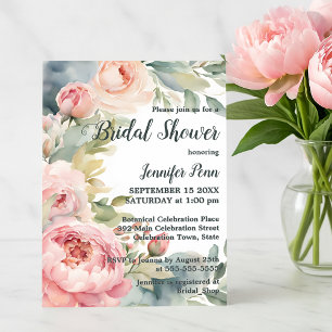 Watercolor Blush Pink Peonies Frame Bridal Shower Invitation