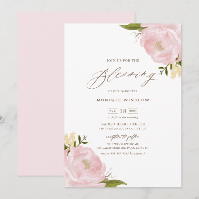 Watercolor Blush Pink Peonies Script Baby Blessing Invitation (Front/Back)