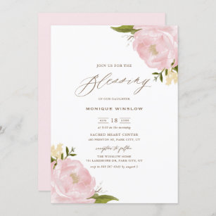 Watercolor Blush Pink Peonies Script Baby Blessing Invitation