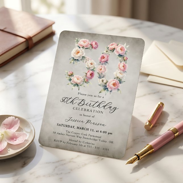 Watercolor Blush Pink Peony 50th Birthday Invitation (Creator Uploaded)