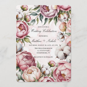Watercolor Blush Pink Peony and Cotton Wedding  Invitation