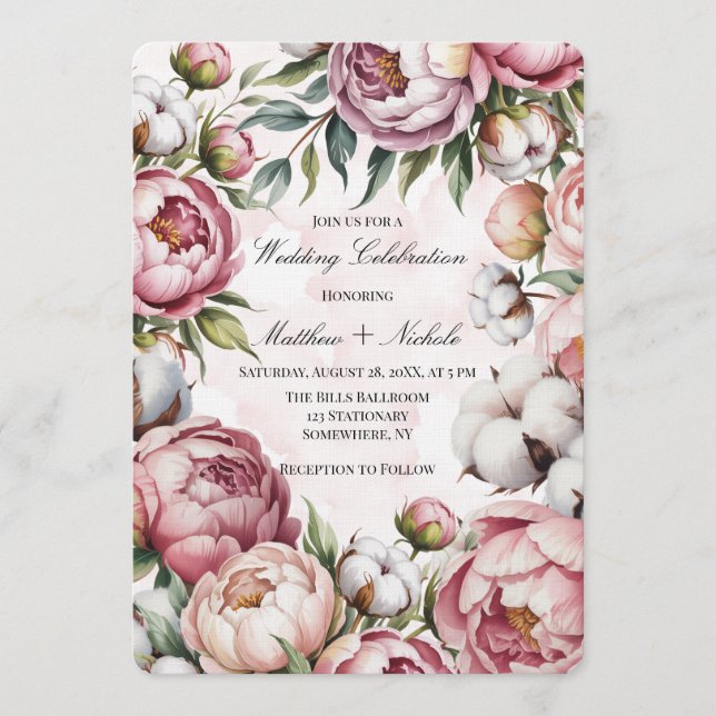 Watercolor Blush Pink Peony and Cotton Wedding  Invitation (Front)