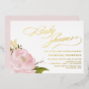Watercolor Blush Pink Peony Baby Shower Gold Foil Invitation