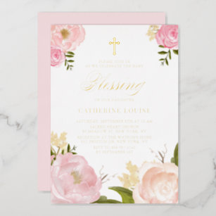 Watercolor Blush Pink Peony Floral Baby Blessing Foil Invitation