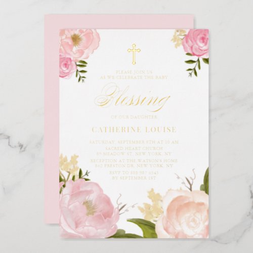 Watercolor Blush Pink Peony Floral Baby Blessing Foil Invitation