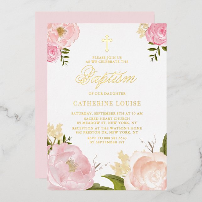 Watercolor Blush Pink Peony Floral Baptism Foil Invitation (Front/Back)