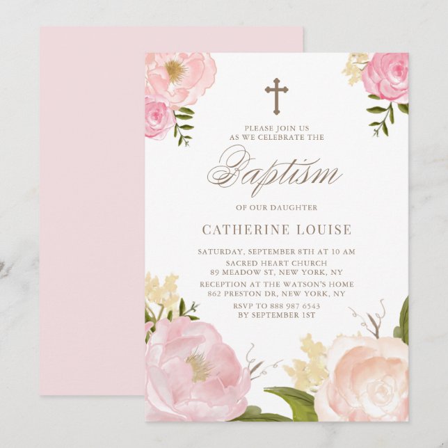 Watercolor Blush Pink Peony Floral Baptism Invitation (Front/Back)