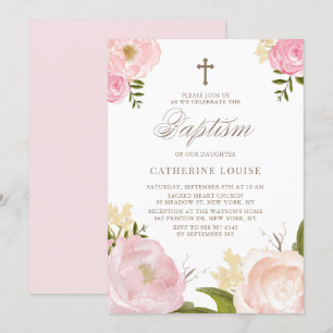 Watercolor Blush Pink Peony Floral Baptism Invitation
