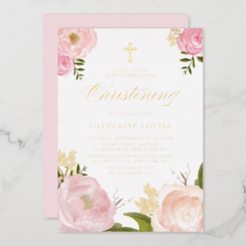 Watercolor Blush Pink Peony Floral Christening Foil Invitation by misstallulah at Zazzle