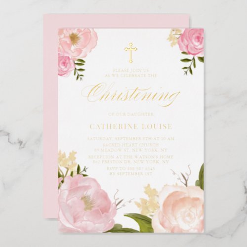 Watercolor Blush Pink Peony Floral Christening Foil Invitation