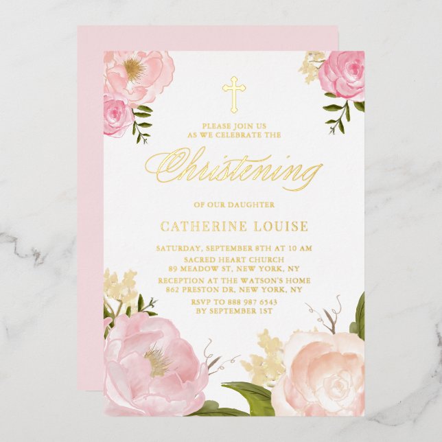 Watercolor Blush Pink Peony Floral Christening Foil Invitation (Front/Back)