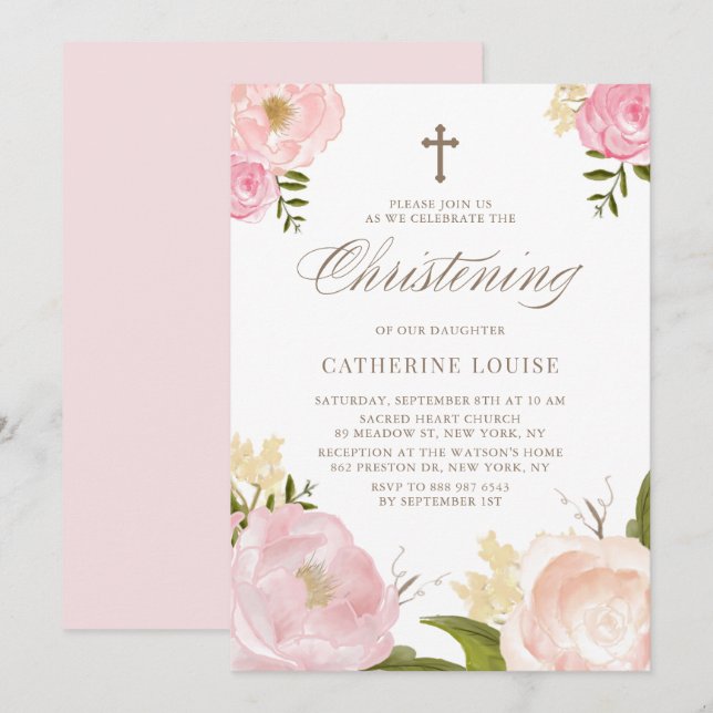 Watercolor Blush Pink Peony Floral Christening Invitation (Front/Back)