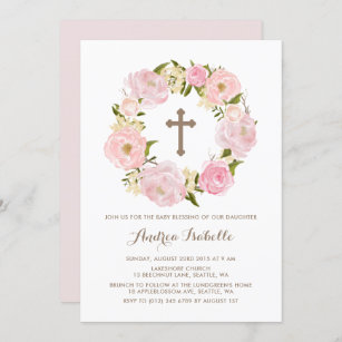 Watercolor Blush Pink Peony Wreath Baby Blessing Invitation