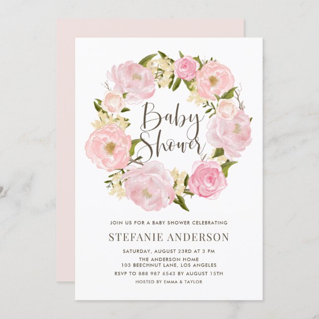 Watercolor Blush Pink Peony Wreath Baby Shower Invitation (Front/Back)