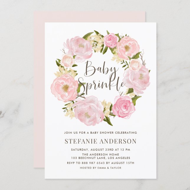 Watercolor Blush Pink Peony Wreath Baby Sprinkle Invitation (Front/Back)