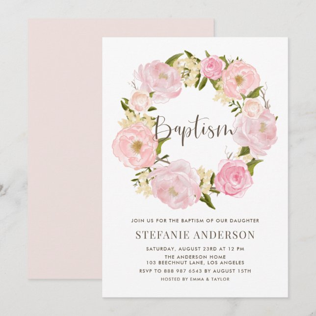 Watercolor Blush Pink Peony Wreath Baptism Invitation (Front/Back)