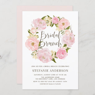 Watercolor Blush Pink Peony Wreath Bridal Brunch Invitation
