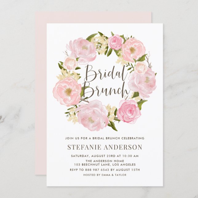 Watercolor Blush Pink Peony Wreath Bridal Brunch Invitation (Front/Back)