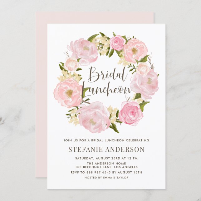 Watercolor Blush Pink Peony Wreath Bridal Luncheon Invitation (Front/Back)