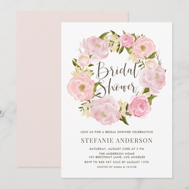 Watercolor Blush Pink Peony Wreath Bridal Shower Invitation (Front/Back)