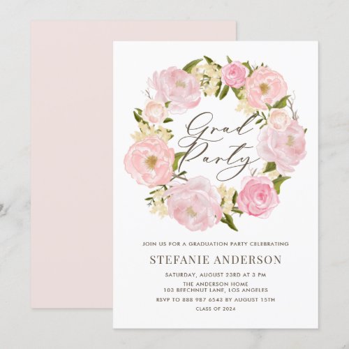 Romantic Peonies Wreath Graduation Invitation 5" X 7" Invitation Card
